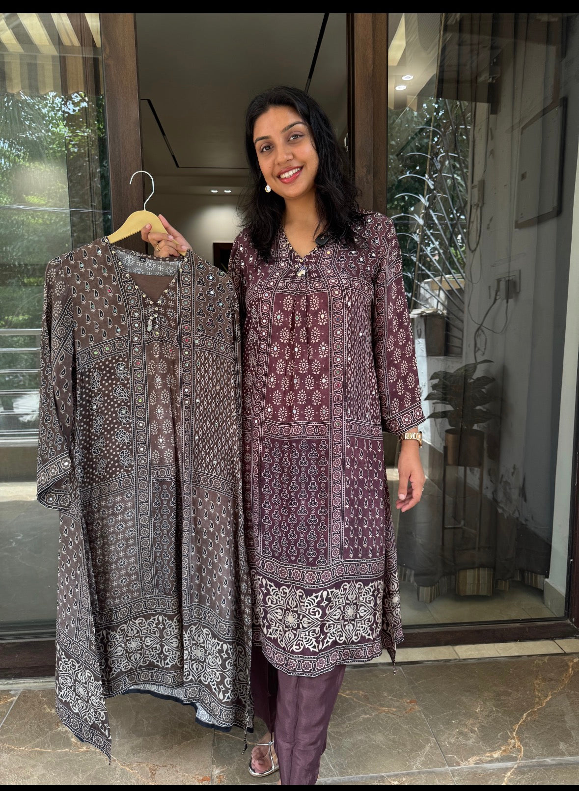 BROWN AJRAKH KURTA PANT SET